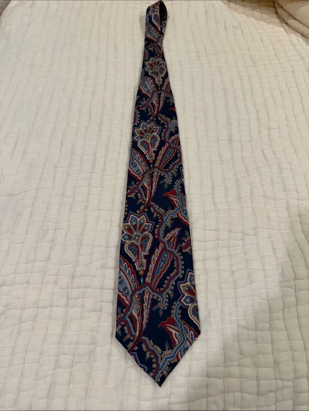Dior Men's Paisley Silk Tie in Navy with Red and Light Blue Accents